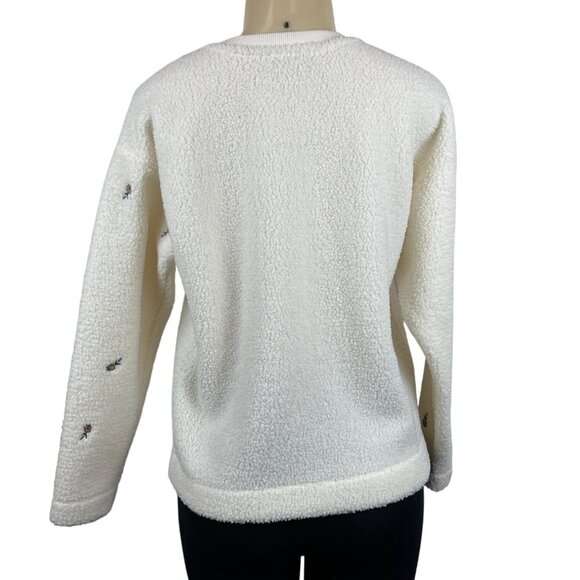 Loft Womens Cream Embroidered Long Sleeve Flowers Sherpa Pullover Sweater Sz XS - Picture 3 of 7